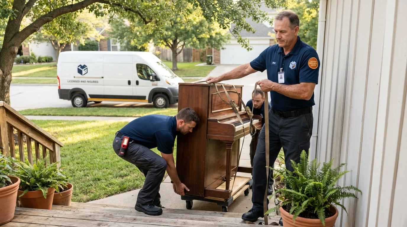 Licensed piano movers securing grand piano in Dassel, MN